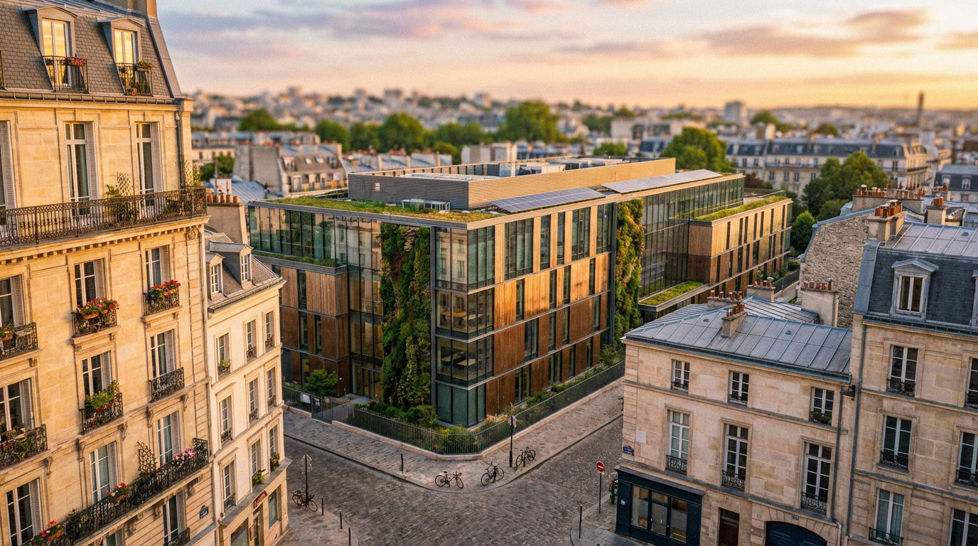 Bâtiment moderne vert (murs végétaux, toit végétalisé, panneaux solaires) au milieu d'anciens immeubles à l'heure dorée.