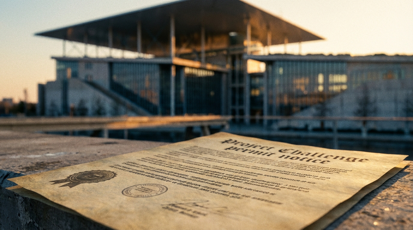 Un document ancien avec l'inscription «Project Challenge permit notice» au premier plan, devant un bâtiment moderne flou au coucher du soleil.