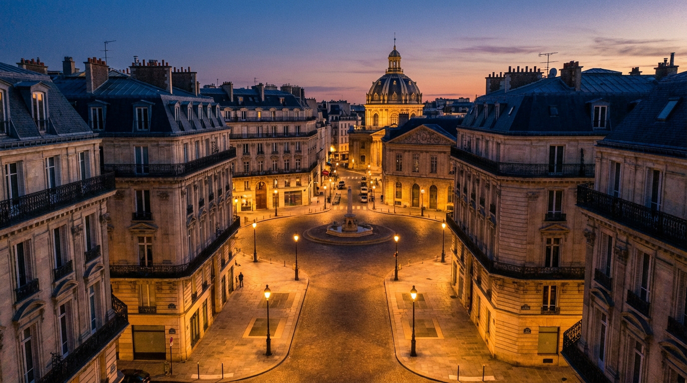 Vue aérienne de la Place de la Sorbonne à Paris, avec bâtiments haussmanniens illuminés et un ciel orangé au crépuscule.