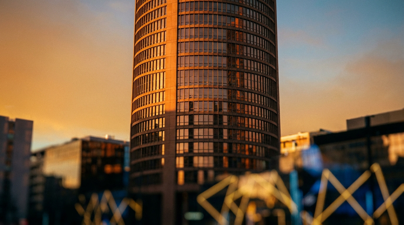 The iconic Le Crayon tower in Lyon, France, bathed in warm golden hour light against a clear sky. Sharp focus on the modern facade with blurred foreground.