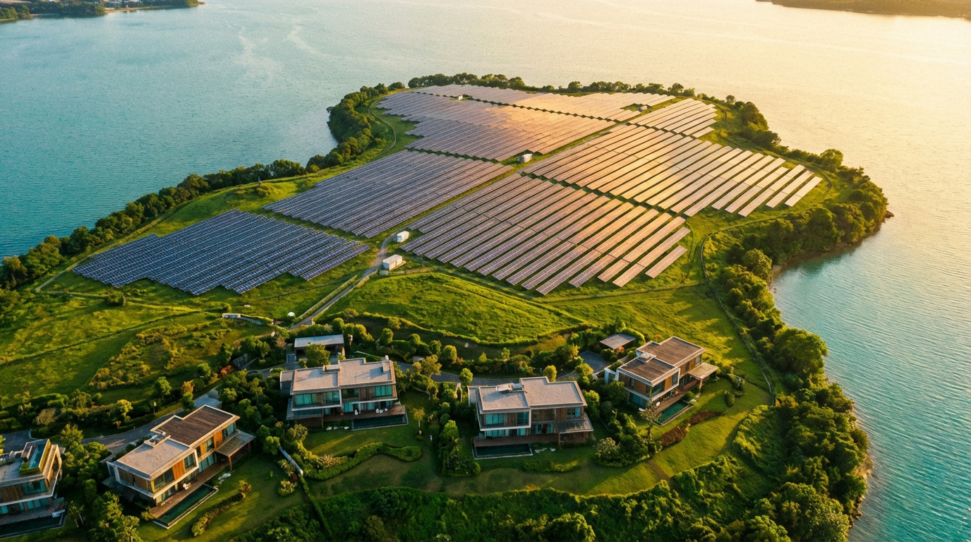 Vue aérienne: une île avec grande ferme solaire et villas modernes près de l'eau turquoise, au lever/coucher du soleil.