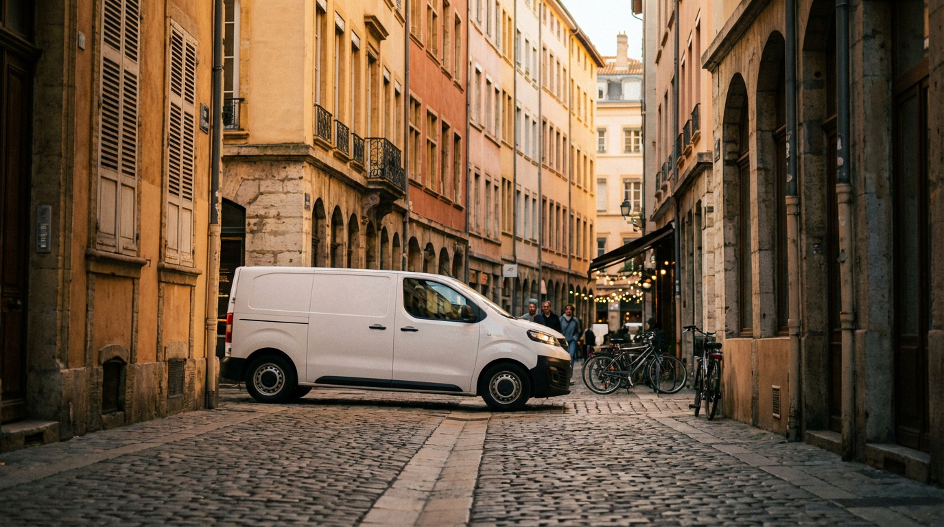 Image d'un fourgon blanc garé dans une rue pavée étroite du Vieux Lyon, avec des bâtiments historiques et des passants.