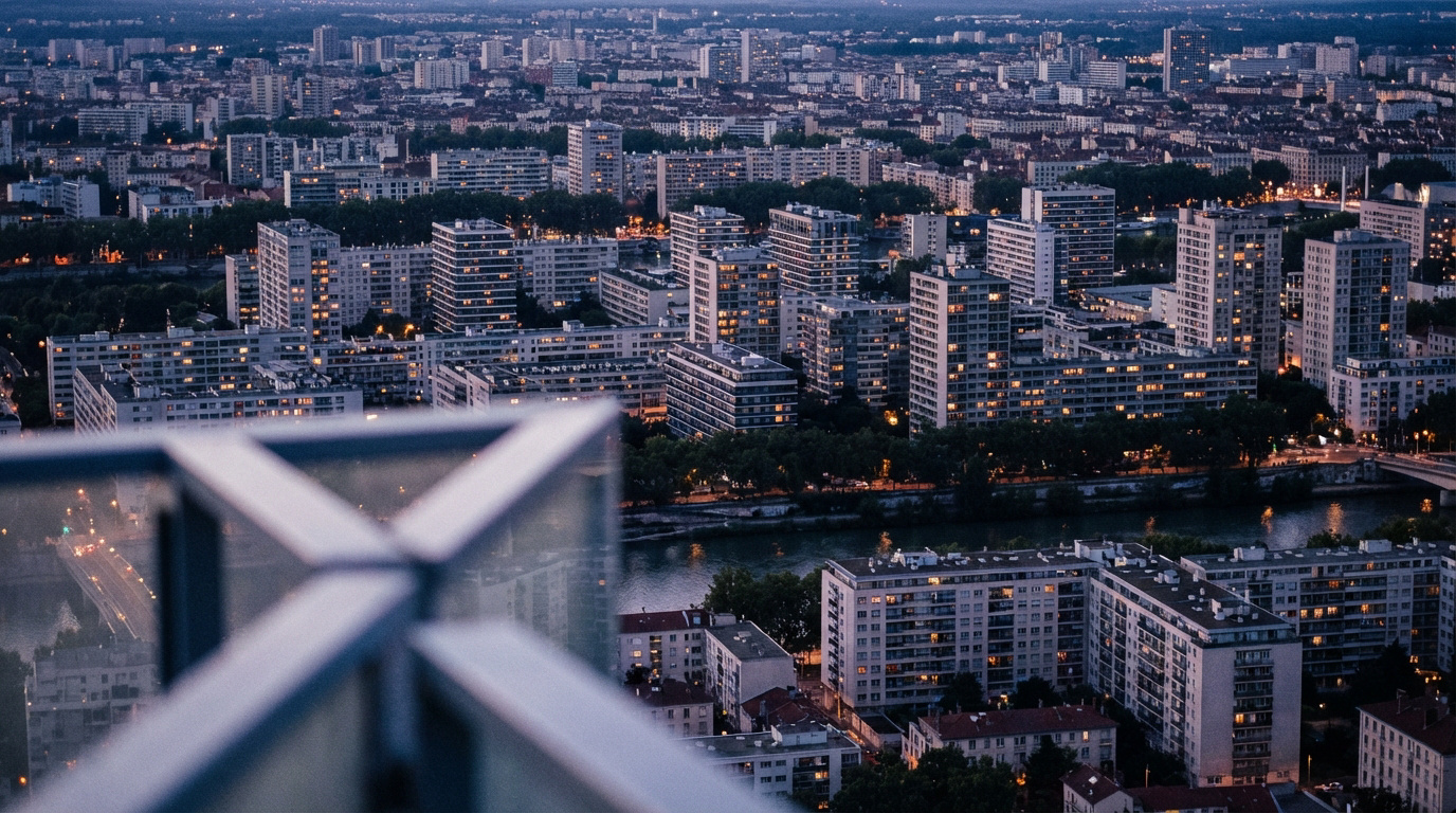 Vue aérienne de Lyon au crépuscule, immeubles résidentiels éclairés, fleuve, et ponts sous un ciel sombre.
