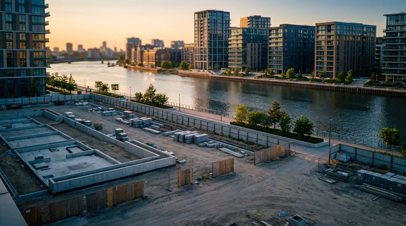 Vue aérienne d'un chantier avec fondations de bâtiments neufs le long d'une rivière urbaine, bordée d'immeubles modernes au coucher du soleil.