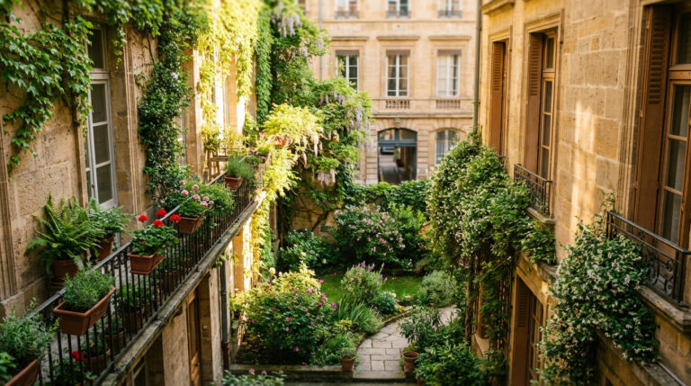 Vue plongeante sur une cour intérieure luxuriante entre immeubles en pierre. Balcons fleuris, murs végétalisés et jardin verdoyant.