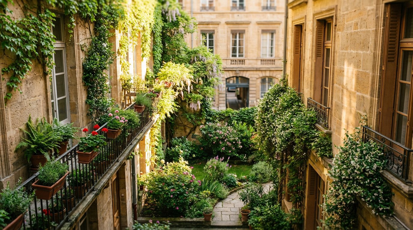 Vue plongeante sur une cour intérieure luxuriante entre immeubles en pierre. Balcons fleuris, murs végétalisés et jardin verdoyant.