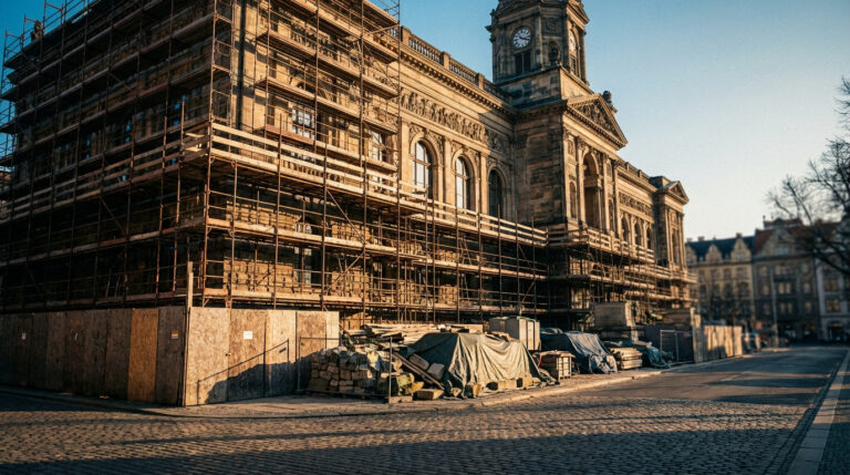 Grand bâtiment historique en pierre avec tour d'horloge, entièrement couvert d'échafaudages. Matériaux de construction sur la rue pavée.
