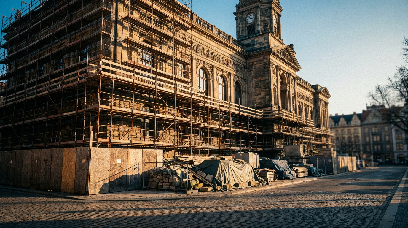 Grand bâtiment historique en pierre avec tour d'horloge, entièrement couvert d'échafaudages. Matériaux de construction sur la rue pavée.