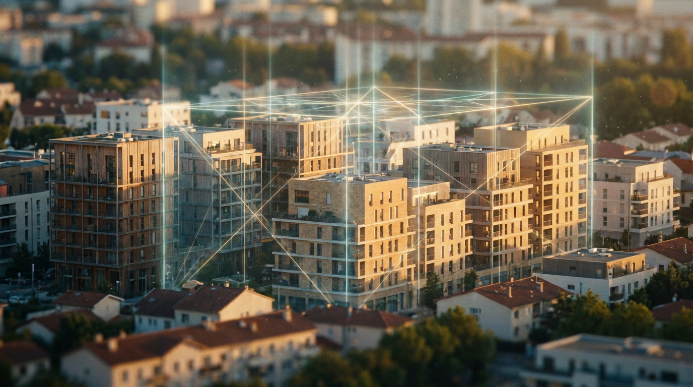 Image d'un quartier résidentiel moderne de Lyon avec des lignes lumineuses numériques encadrant les immeubles, évoquant la régulation.