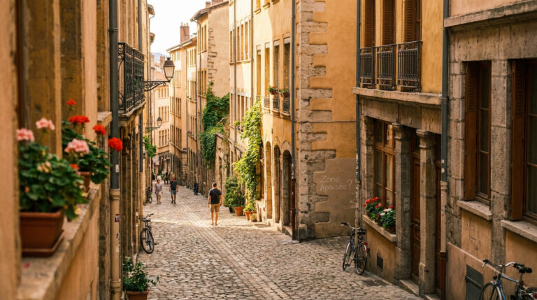 Rue pavée historique de Lyon bordée de bâtiments anciens ocres, fleurs et balcons, avec passants et vélos, sous une lumière chaude.