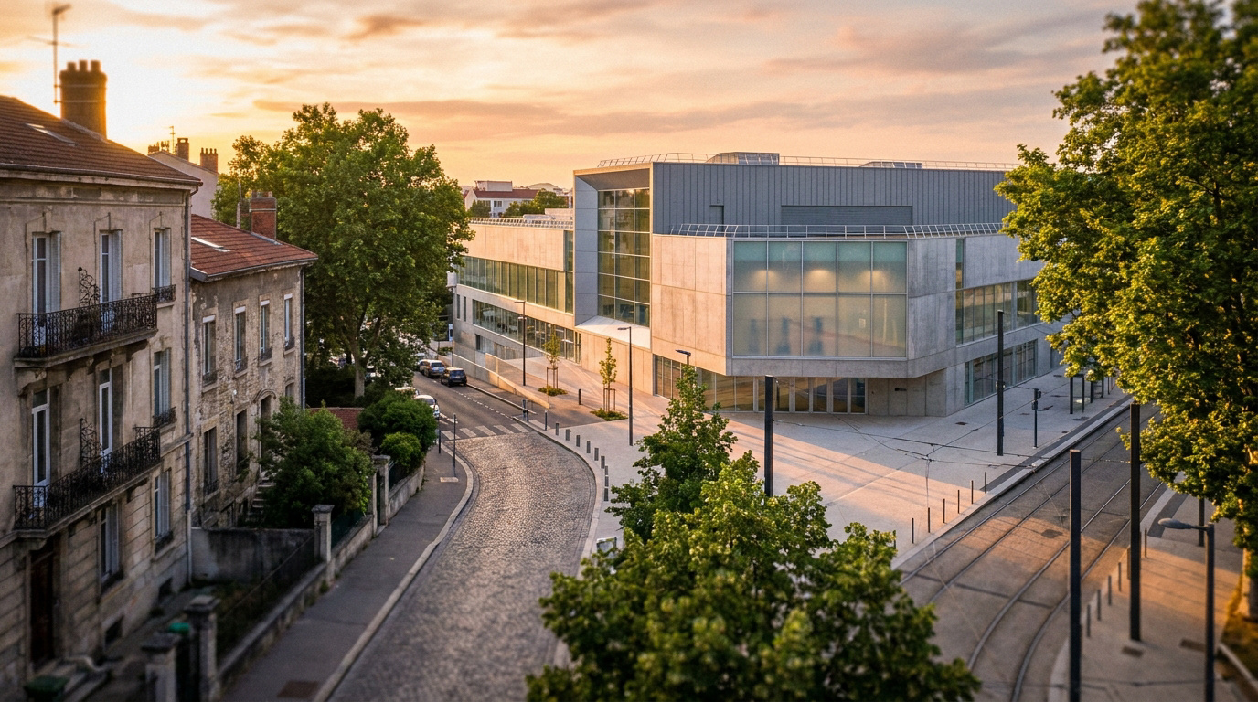 Rue de Villeurbanne avec anciens immeubles en pierre, un grand bâtiment moderne en béton et verre, des rails de tramway sous un ciel orange.