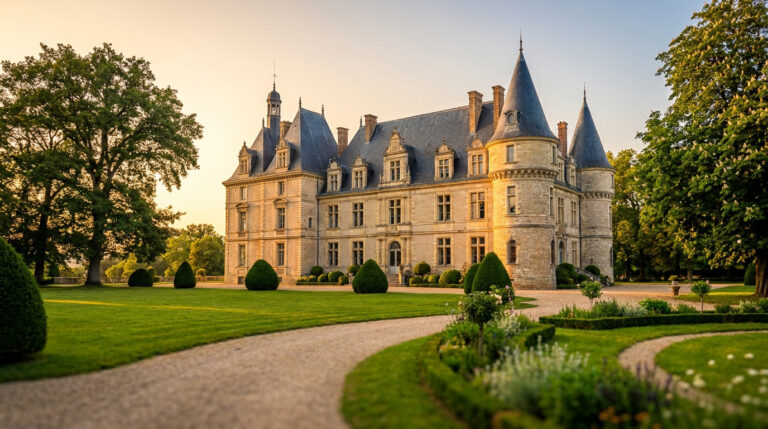 Grand Château de Montchat en pierre, entouré d'un vaste jardin verdoyant et d'arbres, baigné par la lumière du soleil couchant.