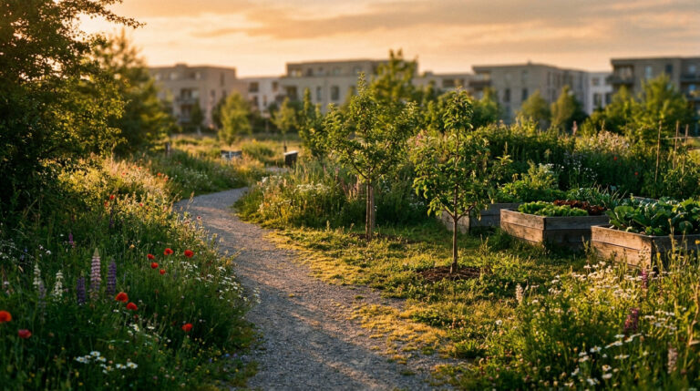 Un chemin de gravier serpente à travers un parc verdoyant avec des fleurs colorées, jeunes arbres et potagers surélevés sous un ciel doré.
