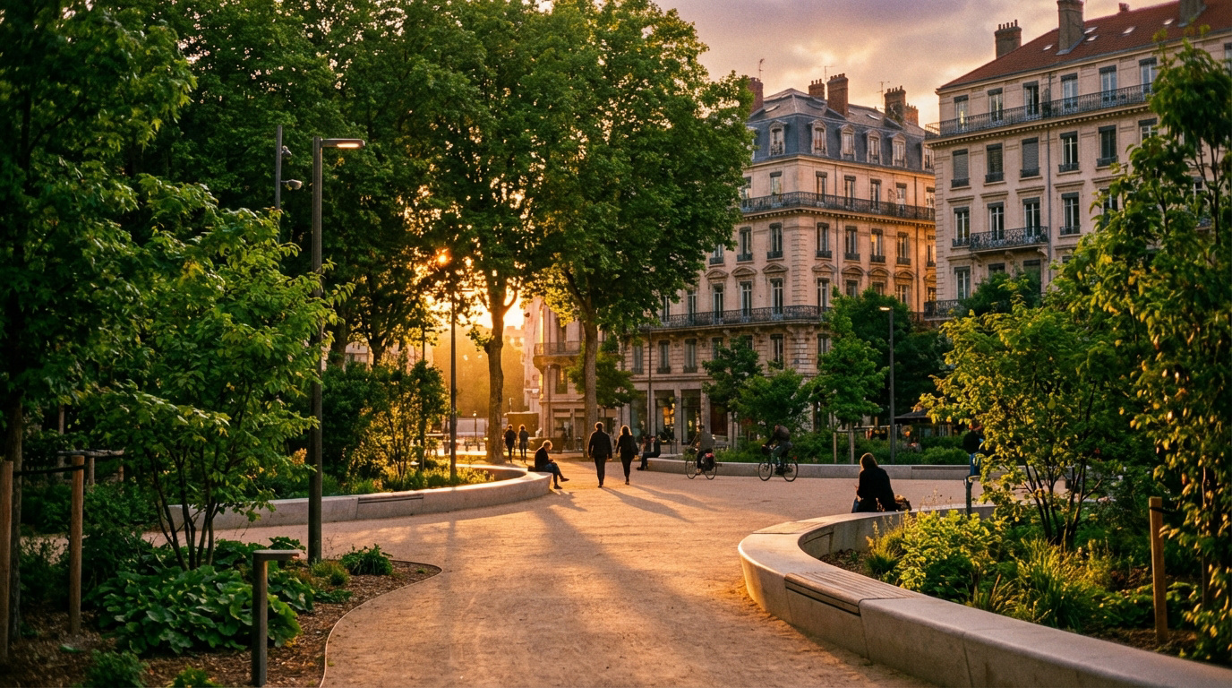 Allée sinueuse d'une esplanade bordée d'arbres, de bancs modernes et d'immeubles haussmanniens sous un soleil couchant à Lyon.