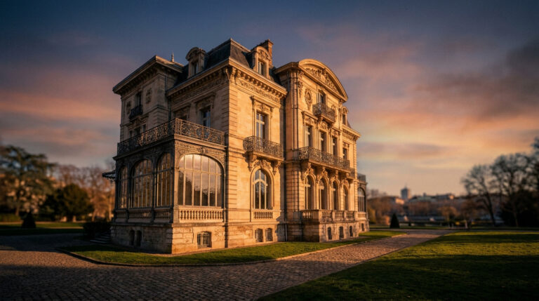 Une majestueuse villa en pierre avec une véranda, baignée par la lumière dorée d'un coucher de soleil à Lyon.